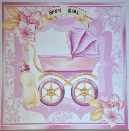 Pretty leaf and ornate frame with pram/bottle and pink flowers 8x8 by Hazel Underwood