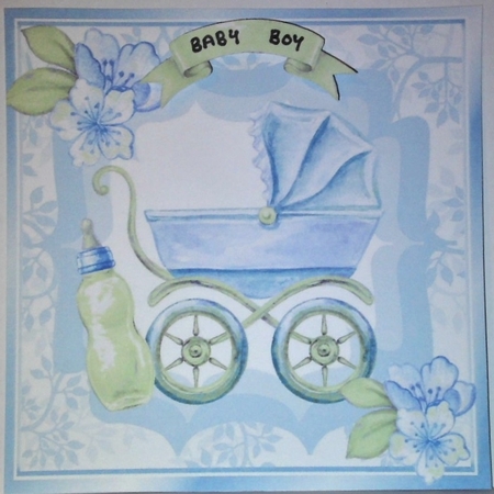 Pretty leaf and ornate frame with pram/bottle and blue flowers 8x8 by Hazel Underwood