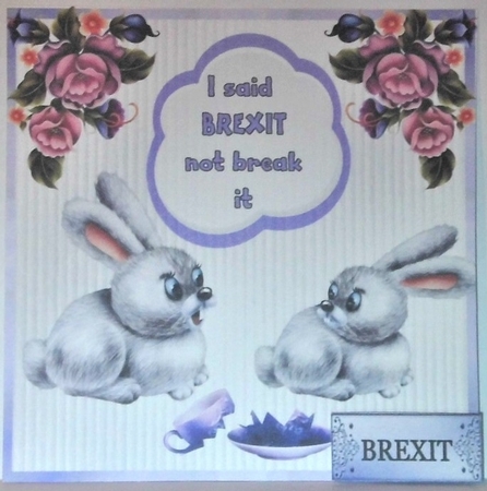 Brexit Bunnies - 6 X 6 inch card front with decoupage by Hazel Underwood