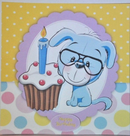 Cute Blue Dog With Birthday Cupcake 8x8 by Hazel Underwood