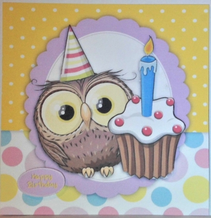 Cute Owl With Birthday Cupcake 8x8 by Hazel Underwood