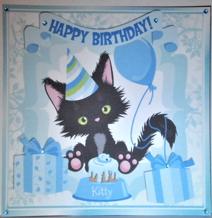Cute black kitty with blue balloon and birthday cake 8x8 by Hazel Underwood
