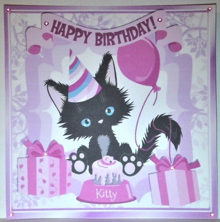 Cute black kitty with pink balloon and birthday cake 8x8 by Hazel Underwood