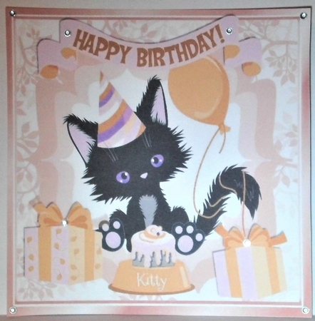 Cute black kitty with gold balloon and birthday cake 8x8 by Hazel Underwood