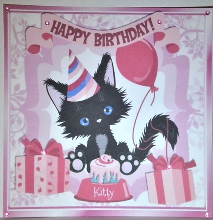 Cute black kitten with  a red balloon birthday cake 8x8 by Hazel Underwood