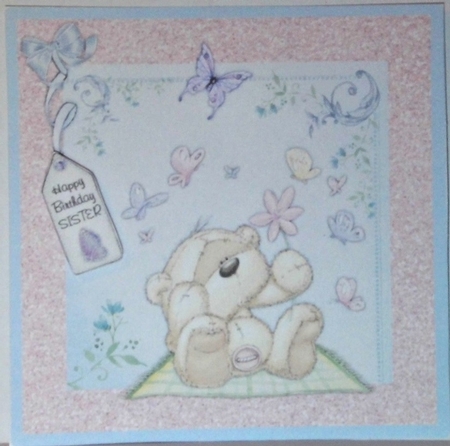 300dpi, 6 x 6 ins Topper & decoupage - Birthday Bear and butterflies-Mum/Nan/Sister by Hazel Underwood