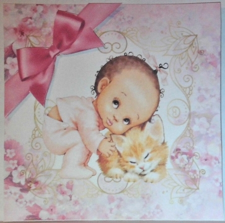 Cute Baby girl cuddling kitty with pink bow in floral frame 7x7 by Hazel Underwood
