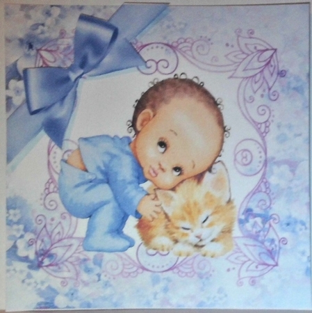 Cute Baby Boy cuddling kitty with blue bow in floral frame 7x7 by Hazel Underwood
