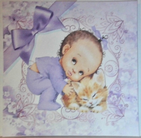 Cute Baby girl cuddling kitty with purple bow in floral frame 7x7 by Hazel Underwood