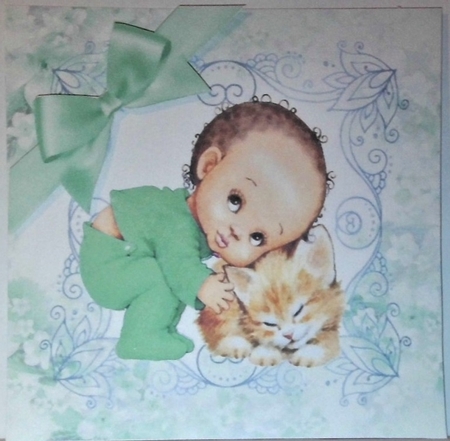 Cute Baby Boy cuddling kitty with green bow in floral frame 7x7 by Hazel Underwood