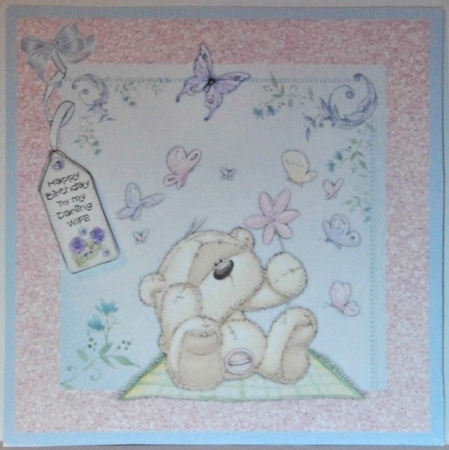300dpi, 6 x 6 ins Topper & decoupage - Birthday Bear and butterflies-Wife, The One I Love, Fiancee Featured Gallery Photo
