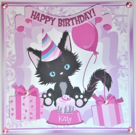  4 Cute black kittens with  balloons birthday card front 8x8 by Hazel Underwood