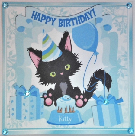  4 Cute black kittens with  balloons birthday card front 8x8 by Hazel Underwood