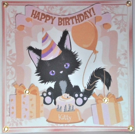  4 Cute black kittens with  balloons birthday card front 8x8 by Hazel Underwood