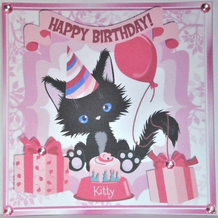  4 Cute black kittens with  balloons birthday card front 8x8 by Hazel Underwood