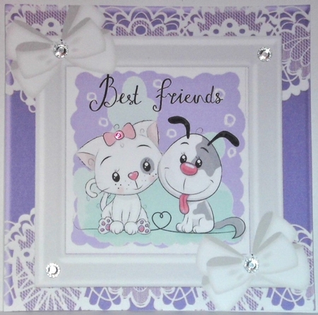 Best of friends cute puppy and kitten with white bows and lace (purple) 8x8 by Hazel Underwood