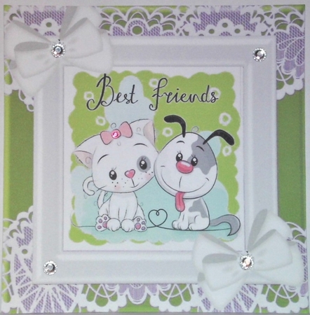 Best of friends cute puppy and kitten with white bows and lace (green) 8x8 by Hazel Underwood