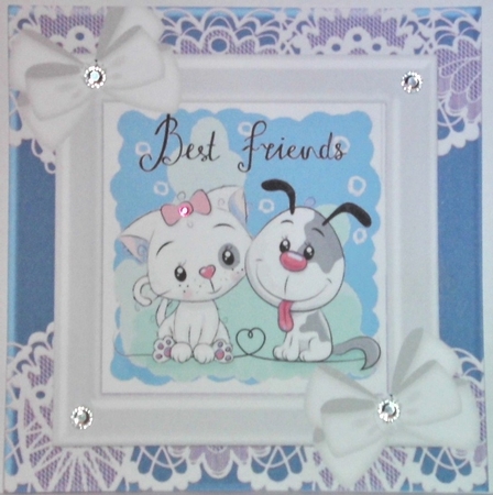 Best of friends cute puppy and kitten with white bows and lace (blue) 8x8 by Hazel Underwood