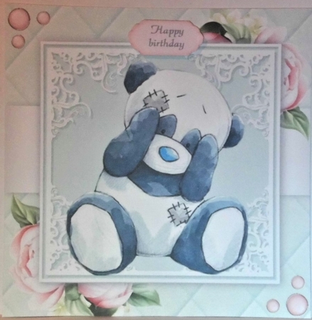 Cute Panda With Pink Peonies 8x8 by Hazel Underwood