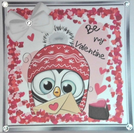 Cute valentine owl with hearts and chocolate 8x8 by Hazel Underwood