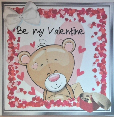 Cute valentine teddy with hearts and chocolates 8x8 by Hazel Underwood