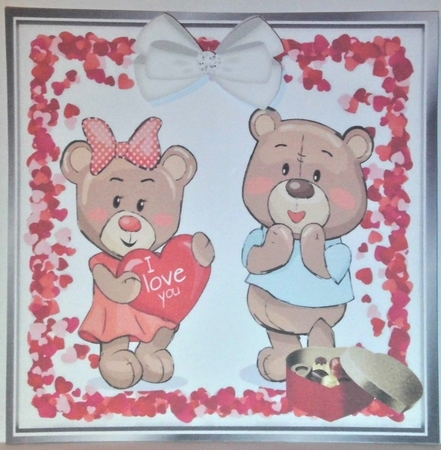 cute  valentine teddy bears with  hearts and choc with white bow 8x8 by Hazel Underwood