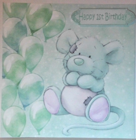Cute little mouse with turq balloons and bow 7x7 by Hazel Underwood