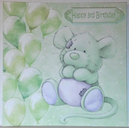 Cute little mouse with green balloons and bow 7x7 by Hazel Underwood