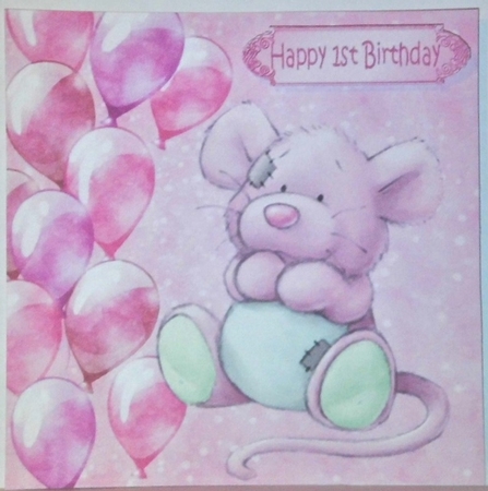 Cute little mouse with pink balloons and bow 7x7 by Hazel Underwood