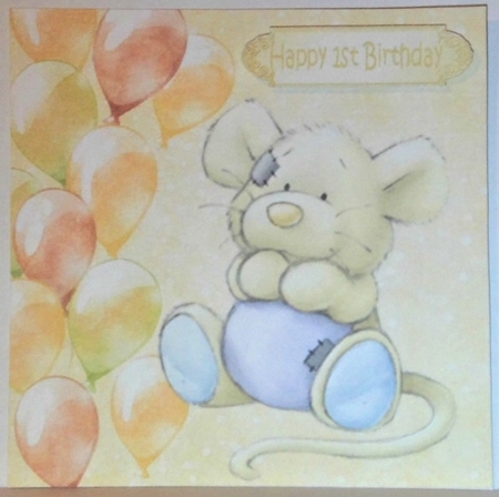 Cute little mouse with gold balloons and bow 7x7 by Hazel Underwood
