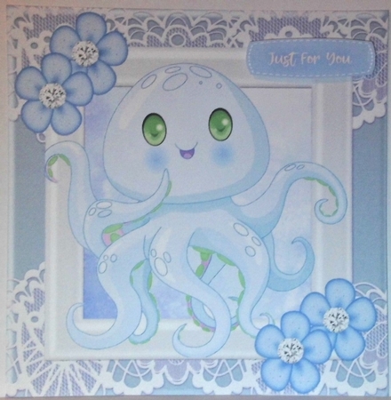 Cute octopus with flowers and diamonds 8x8 (blue) by Hazel Underwood