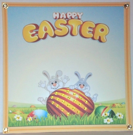 Bunnies playing peek a boo with easter egg and chicks 8x8 by Hazel Underwood