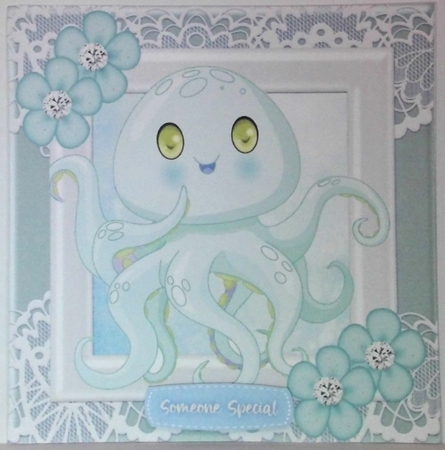 Cute octopus with flowers and diamonds 8x8 (turq) by Hazel Underwood