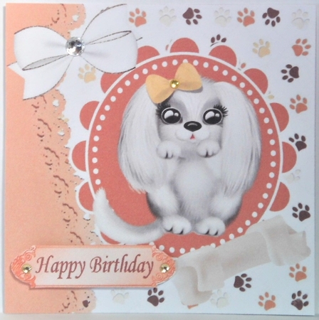 cute white puppy with a bone topper/card front 7x7 by Hazel Underwood