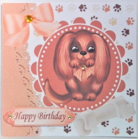 cute brown puppy with a bone topper/card front 7x7 by Hazel Underwood