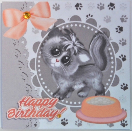 cute grey kitten with a dish topper/card front 7x7 by Hazel Underwood