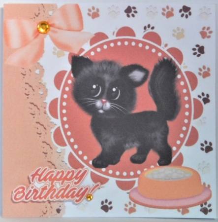 cute black kitten with a dish topper/card front 7x7 by Hazel Underwood