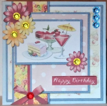 6 x 6 Card Front, Cake and Cocktails with Toppers and Sentiments Blue/Red/Yellow by Hazel Underwood