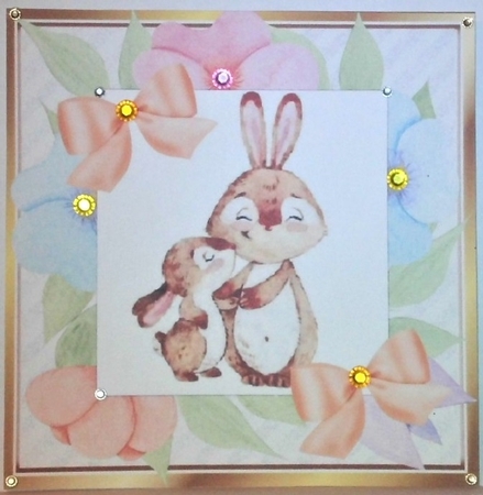 sweet little water colour rabbits in floral frame with bows 8x8 by Hazel Underwood