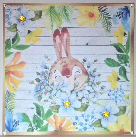  Water colour Bunny playing peekabbo in floral frame 8x8 by Hazel Underwood