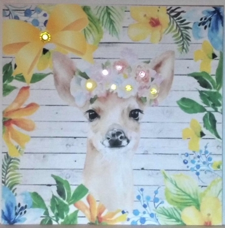 Water colour Deer in floral frame with yellow bow 8x8 by Hazel Underwood