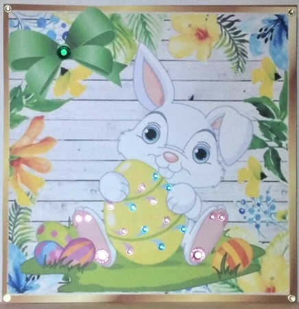 cute grey easter bunny with eggs in floral frame with green bow 8x8 by Hazel Underwood