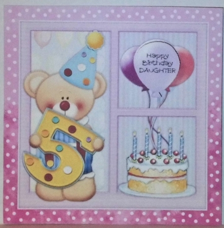 300dpi 6 x 6ins Topper & decoupage-Clown Bear 5th Birthday- Girl, Niece/Daughter/Granddaughter by Hazel Underwood