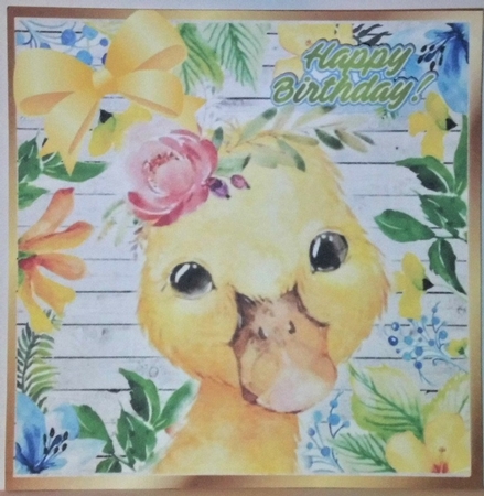 Water colour yellow duck in floral frame with yellow bow 8x8 by Hazel Underwood
