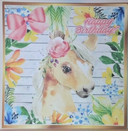 Water colour pretty foal in floral frame with pink bow 8x8 by Hazel Underwood