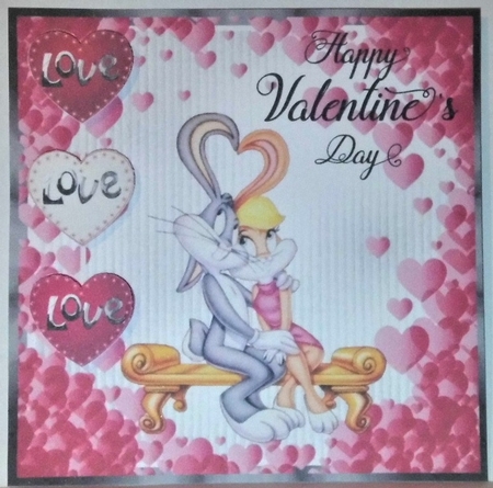 Valentine Bunnies - 6.5x6.5 inch card front with decoupage by Hazel Underwood