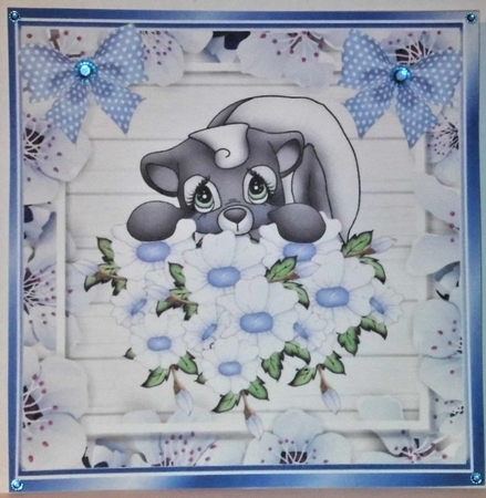  4 Cute Skunks with flowers  polkadot bows card fronts  8x8 mini kit by Hazel Underwood