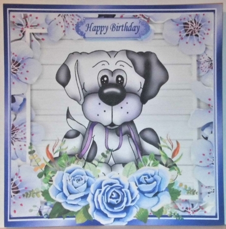  4 Take me for walkies! cute dogs with coloured roses 8x8 card fronts mini kit by Hazel Underwood