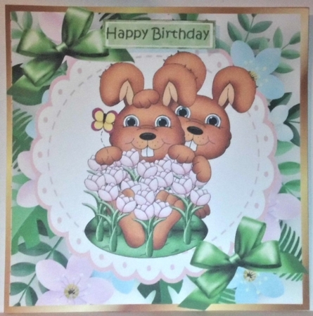Bunnies Cuddling  with pink flowers and bows 8x8 by Hazel Underwood