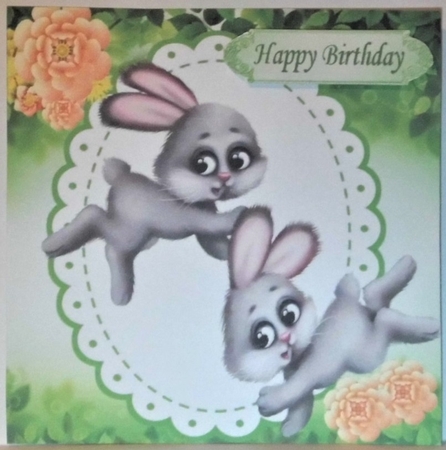 Playful bunnies with peach roses 7x7 by Hazel Underwood